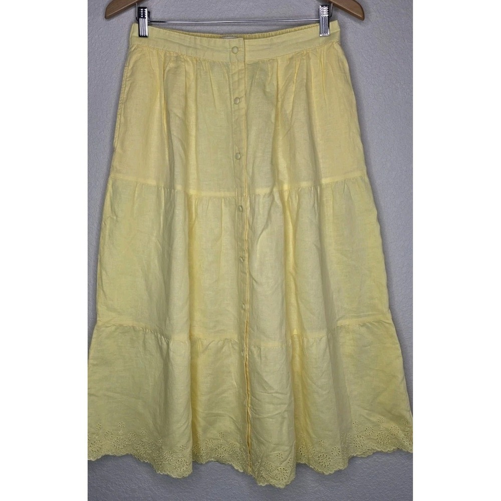 New Laura Ashley Linen Blend Cottage Prairie Midi Skirt Women M Crochet Lace Hem
